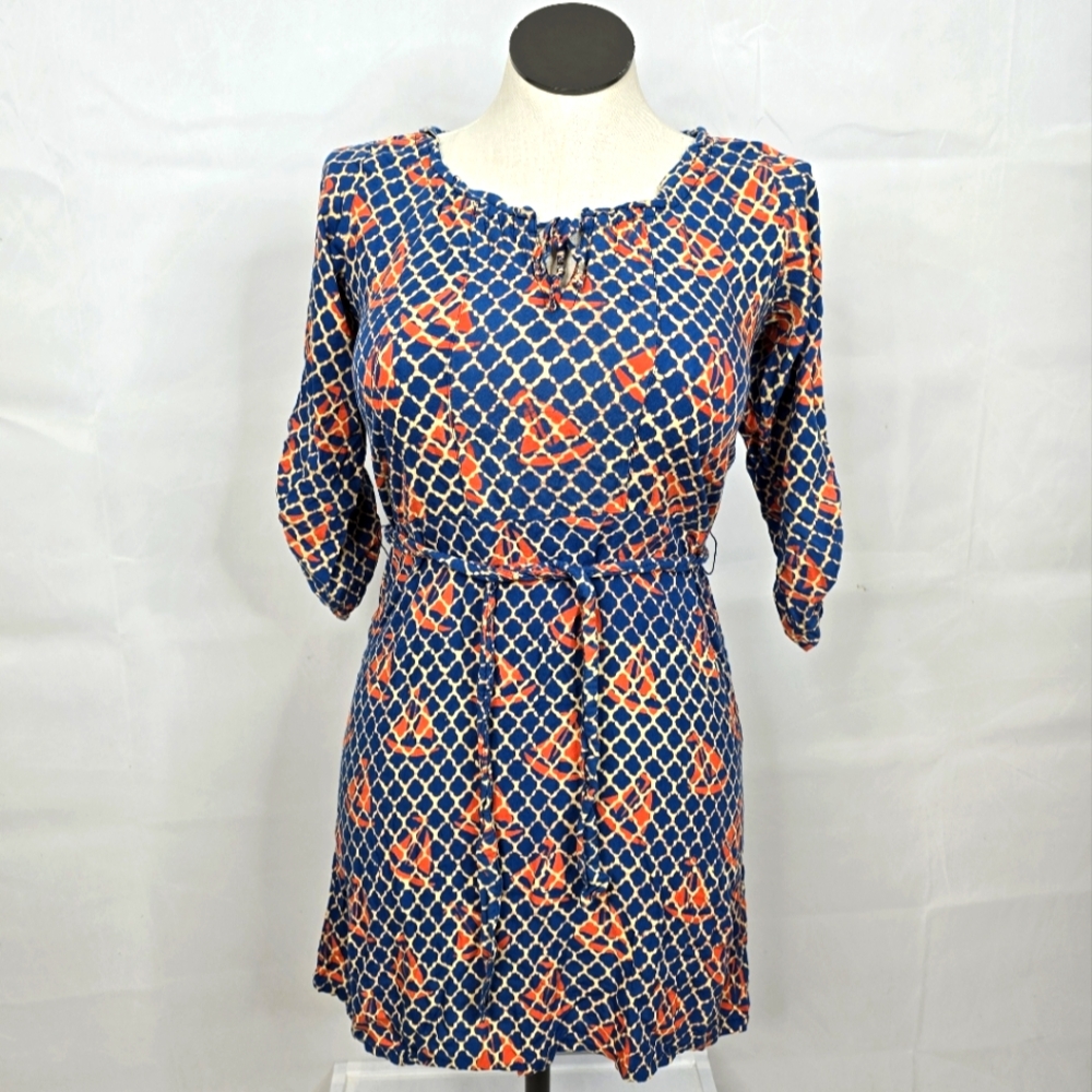 VTG Santiki Resortwear Boho Sailboat Geometric Tie Waist Dress Sz Small